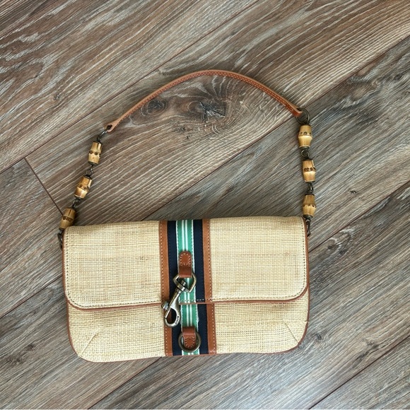 J. Crew Tan and Brown Straw Shoulder Bag with wooden beads on strap - Picture 1 of 6